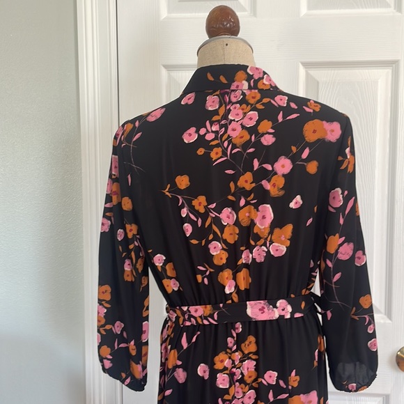 Nanette Lepore dress floral tiered button down Tie waist black pink size 10 - Picture 6 of 15